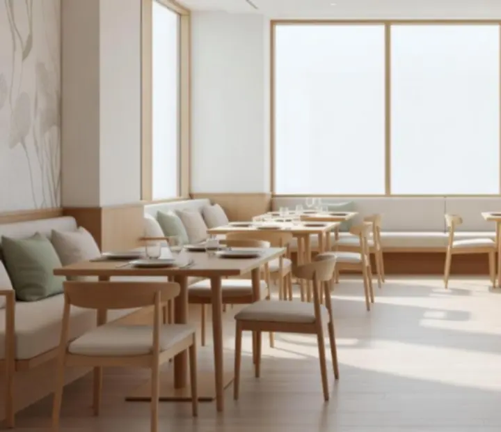 Světlý a prostorný interiér restaurace s velkými okny a elegantním nábytkem