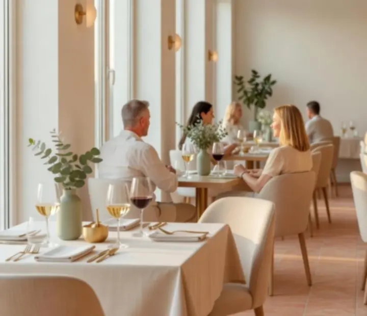 Světlý interiér restaurace Vinný Salon se servírovaným jídlem a sklenkami vína