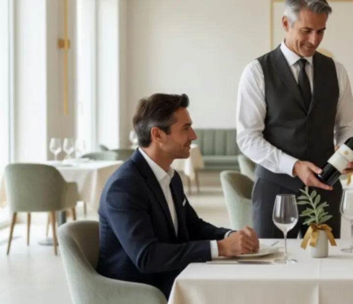 Sommelier nalévá víno u stolu v elegantní restauraci